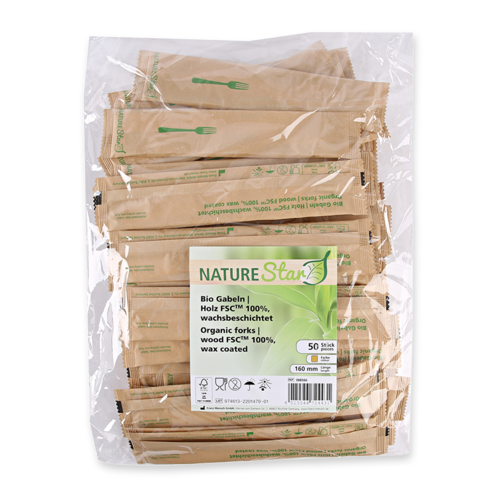 Organic forks made of wood FSC® 100%, wax coated, outer packaging