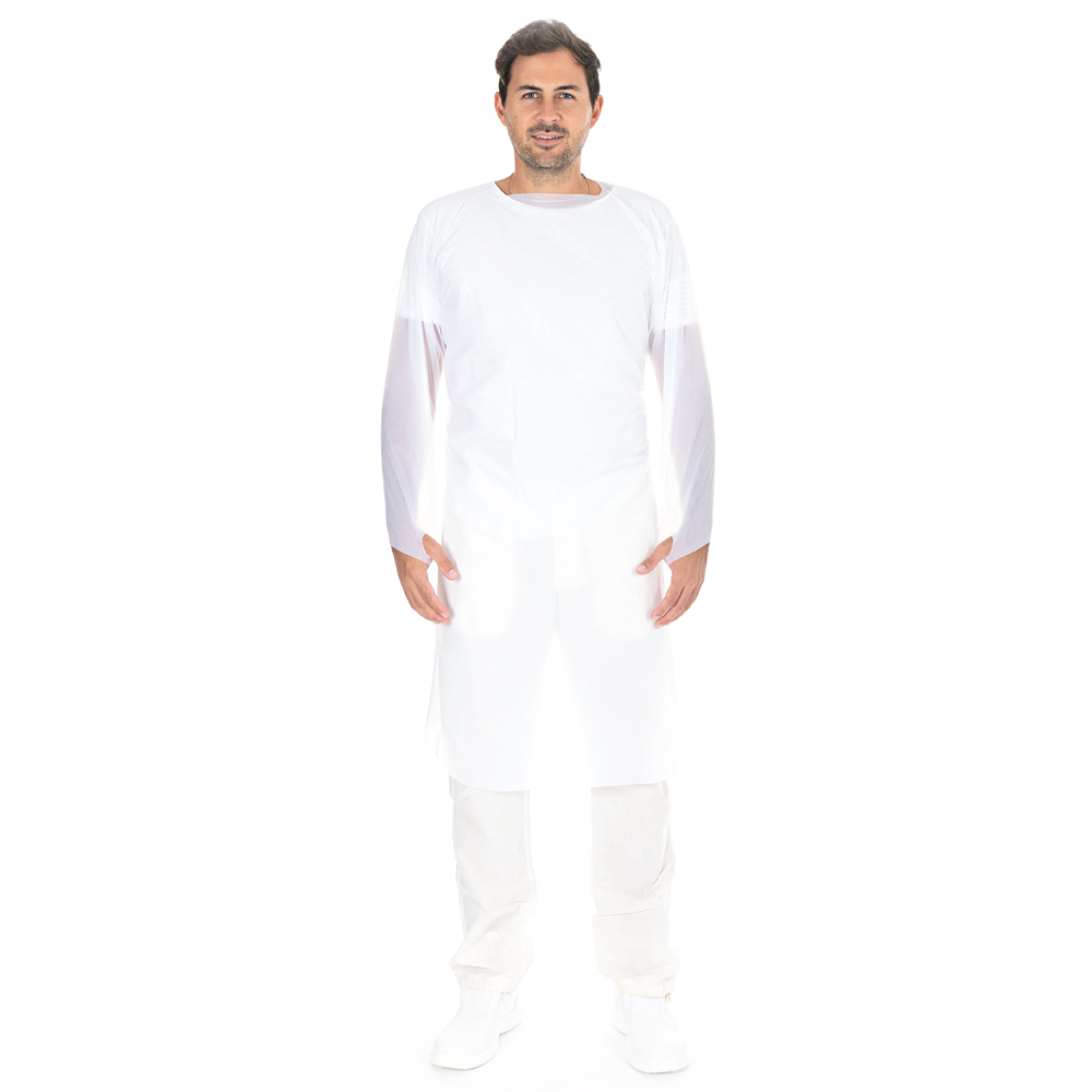 Examination gowns made of CPE in white in the front view