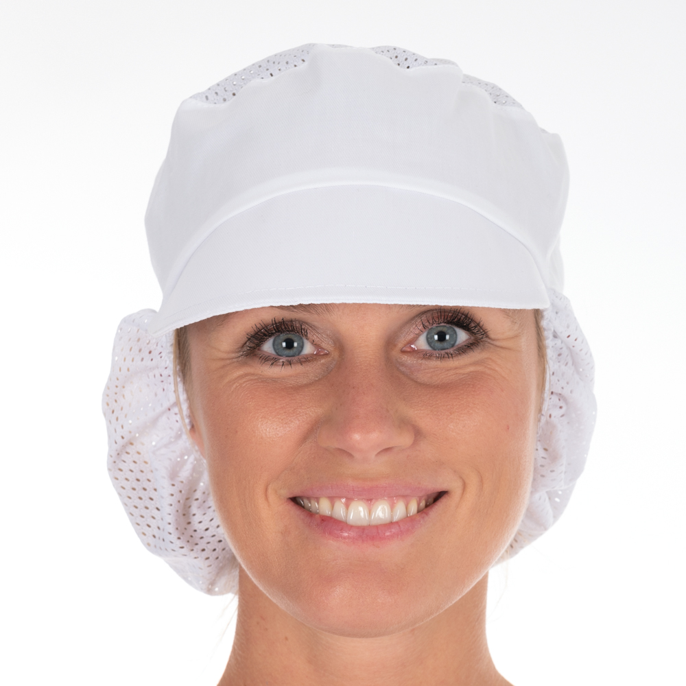 Peaked snood caps made of Polycotton in white in the front view