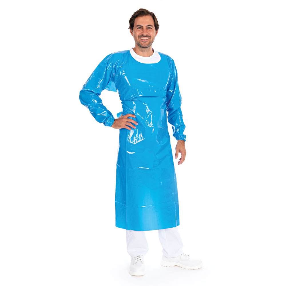 Apron with sleeves, TPU in the front view, blue