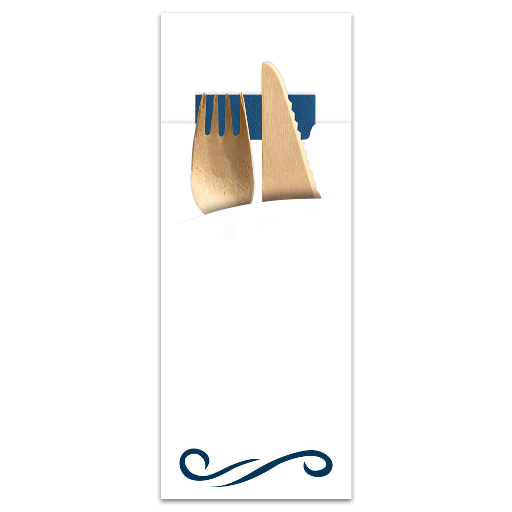 Bestecktasche "Classic" | Papier, FSC®-zertifiziert, weiß, Besteck, Serviette dunkelblau Bestecktasche "Classic" aus Papier, FSC®-zertifiziert in weiß mit Besteck und Serviette in dunkelblau