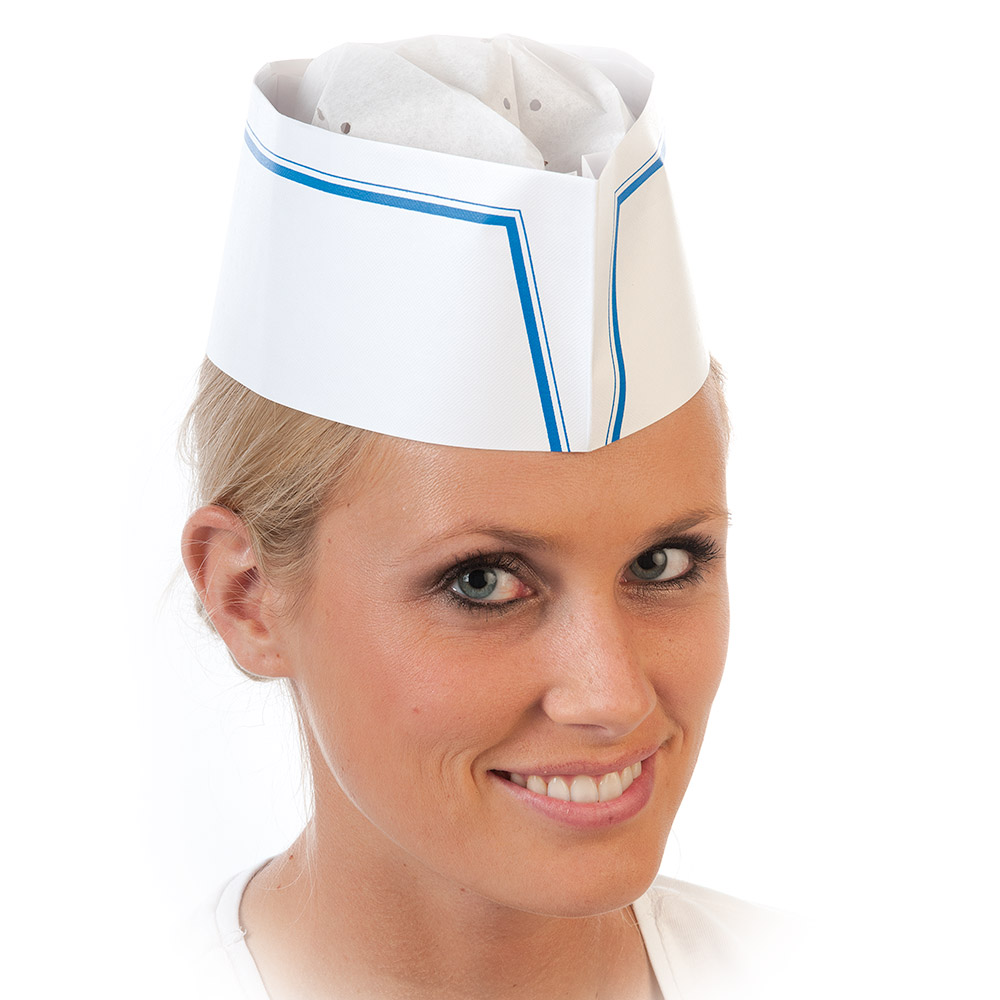 Forage hats Service made of embossed paper in white with blue edging
