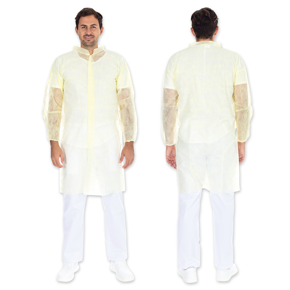 Visitor gowns Light with push buttons made of PP, front and back view, yellow