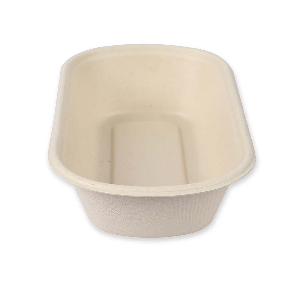 Organic snack trays, oval made of bagasse, angled view