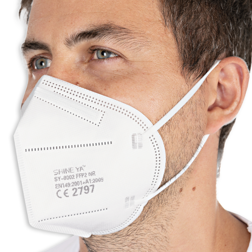 Respirators FFP2 NR, vertically foldable, ear loops made of PP as small pack in the close view