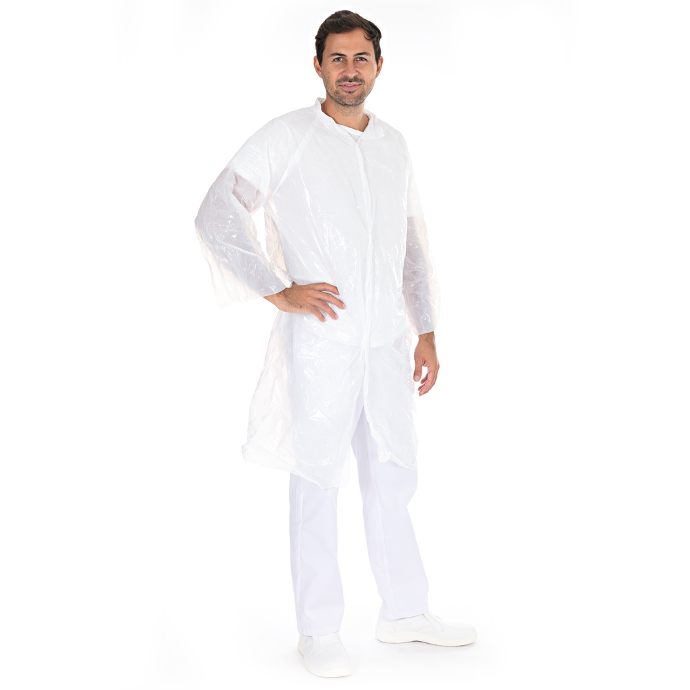 Visitor gowns with push buttons made of PE in white in the oblique view
