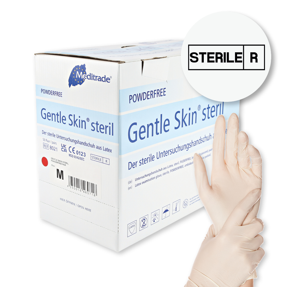 Meditrade Gentle Skin® steril Untersuchungshandschuhe aus Latex mit Verpackung und Handschuh 