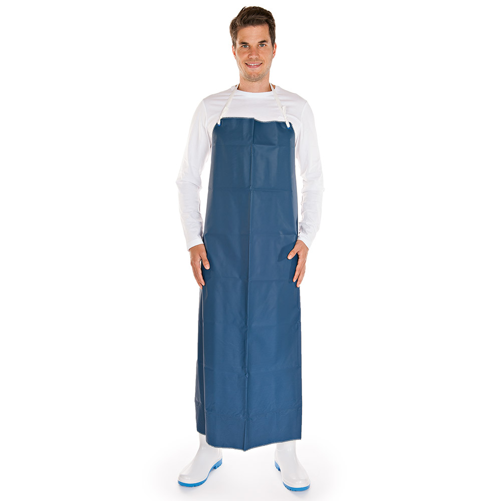 Latzschürzen 150 my aus Polyester, beschichtet in blau in der Frontansicht