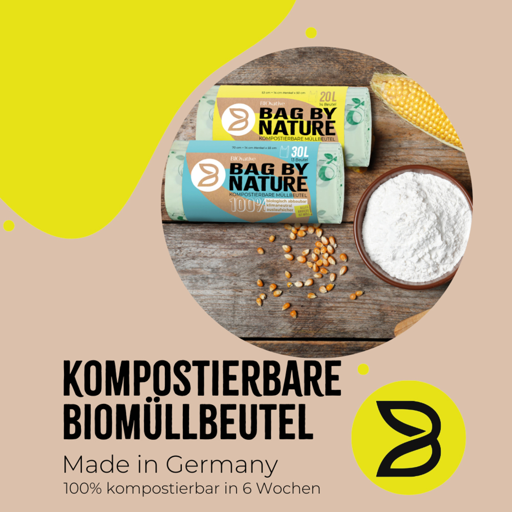 Bio-Müllbeutel mit Griff, 10 l aus Maisstärke auf Rolle als Made in Germany