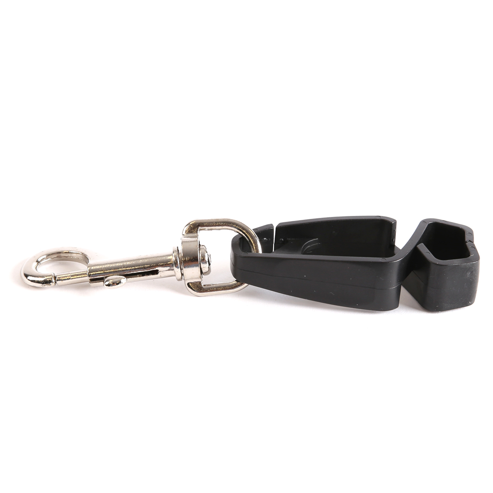 Glove clips with carabiner in black made of plastic in the side view