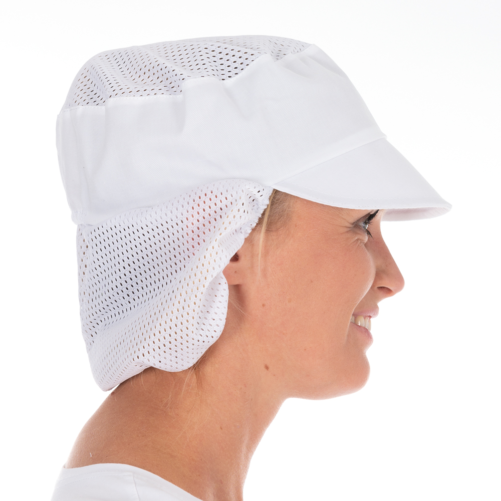 Peaked snood caps made of Polycotton in white in the side view