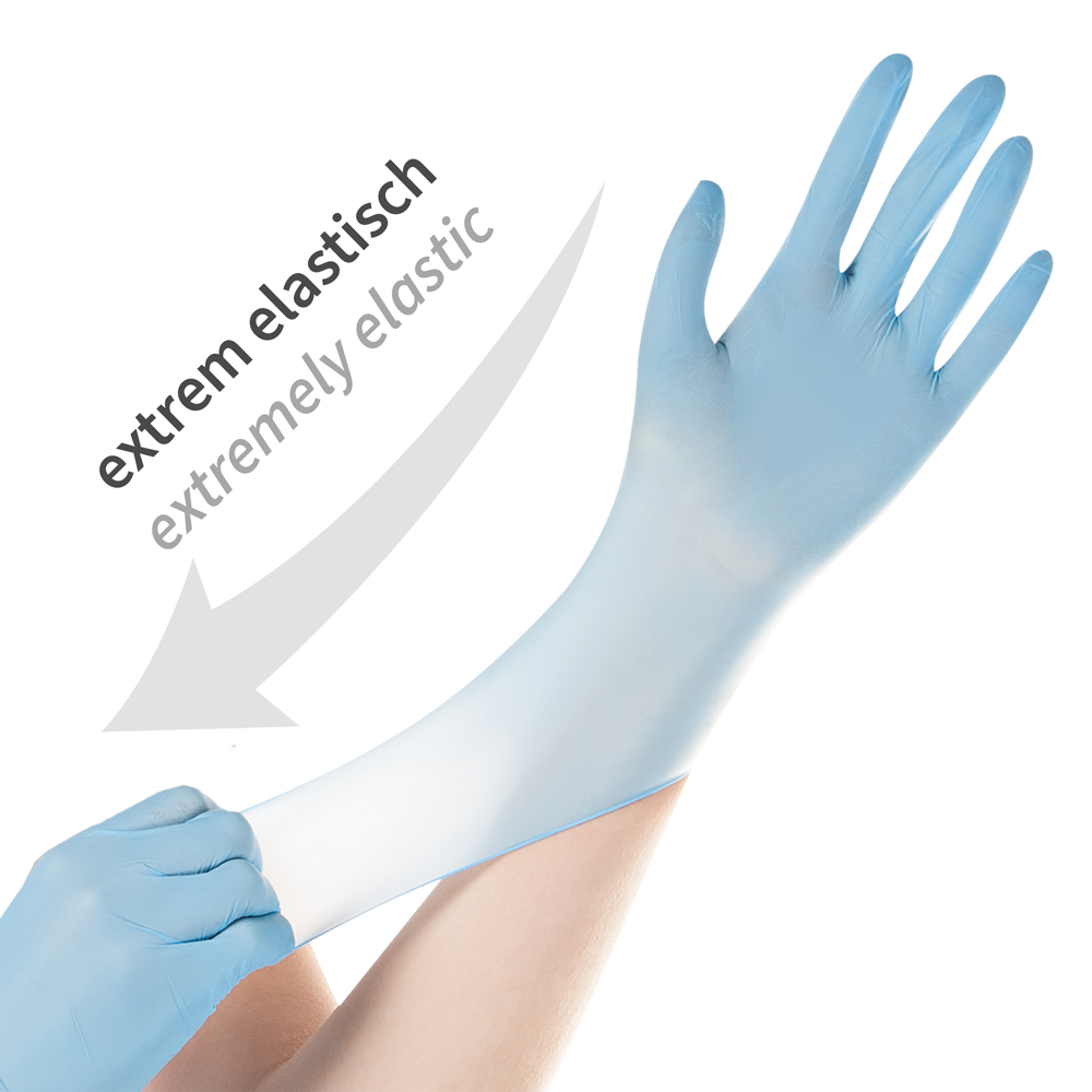 Nitrile gloves Safe Super Stretch powder-free in blue with elasticity in comparison