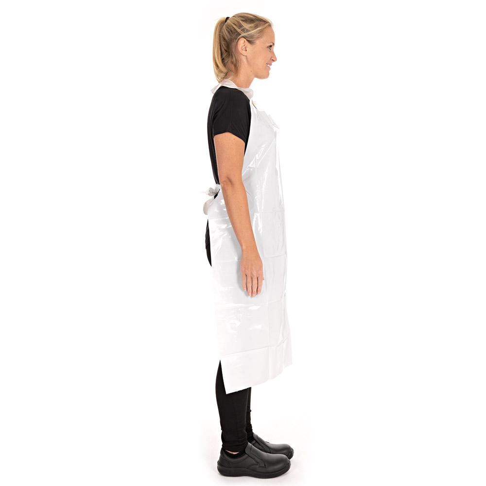 Disposable aprons approx. 50 my made of LDPE in white in the side view