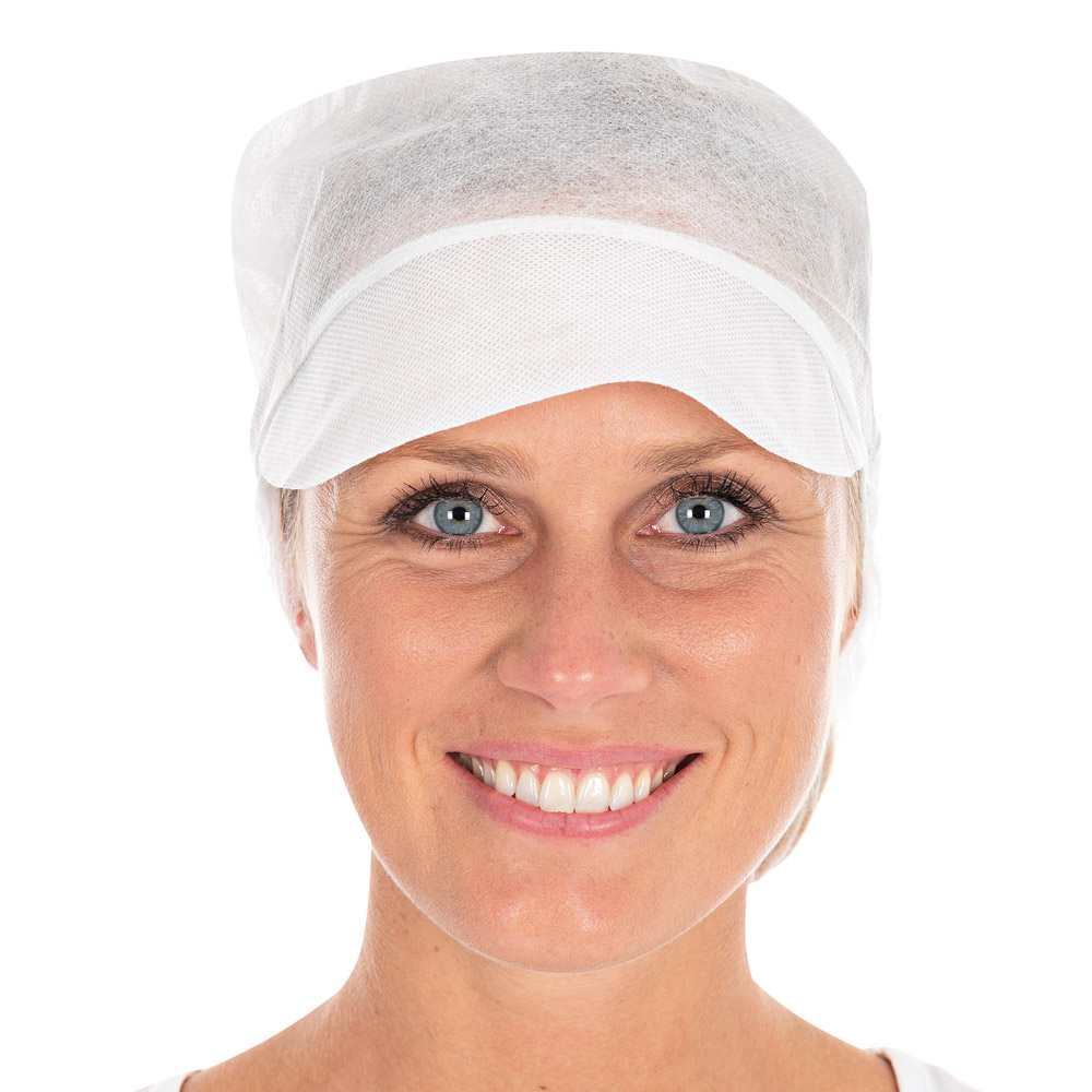 Peaked snood caps Eco made of PP in white in the front view
