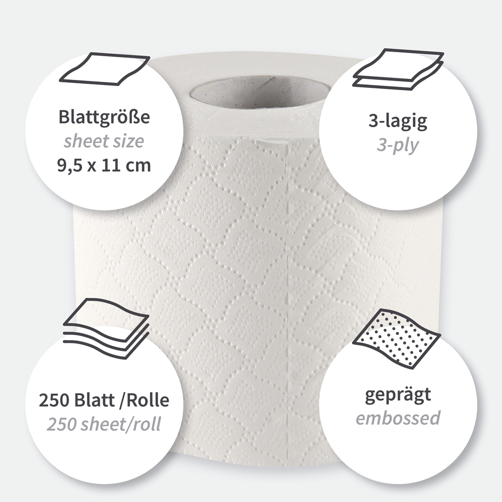Toilet paper, small roll, 3-ply made of cellulose, features