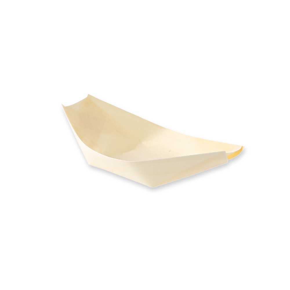 Biodegradable food boat made of pine wood, angled view