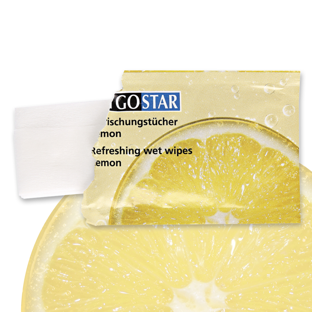 Refreshing wet wipe lemon made of viscose/PES, open