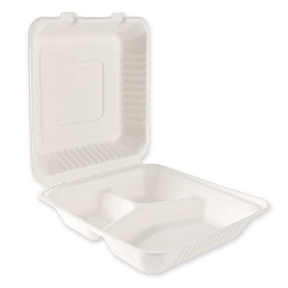 Organic menu boxes with hinged lid, 3-compartments, made from bagasse in an angled view