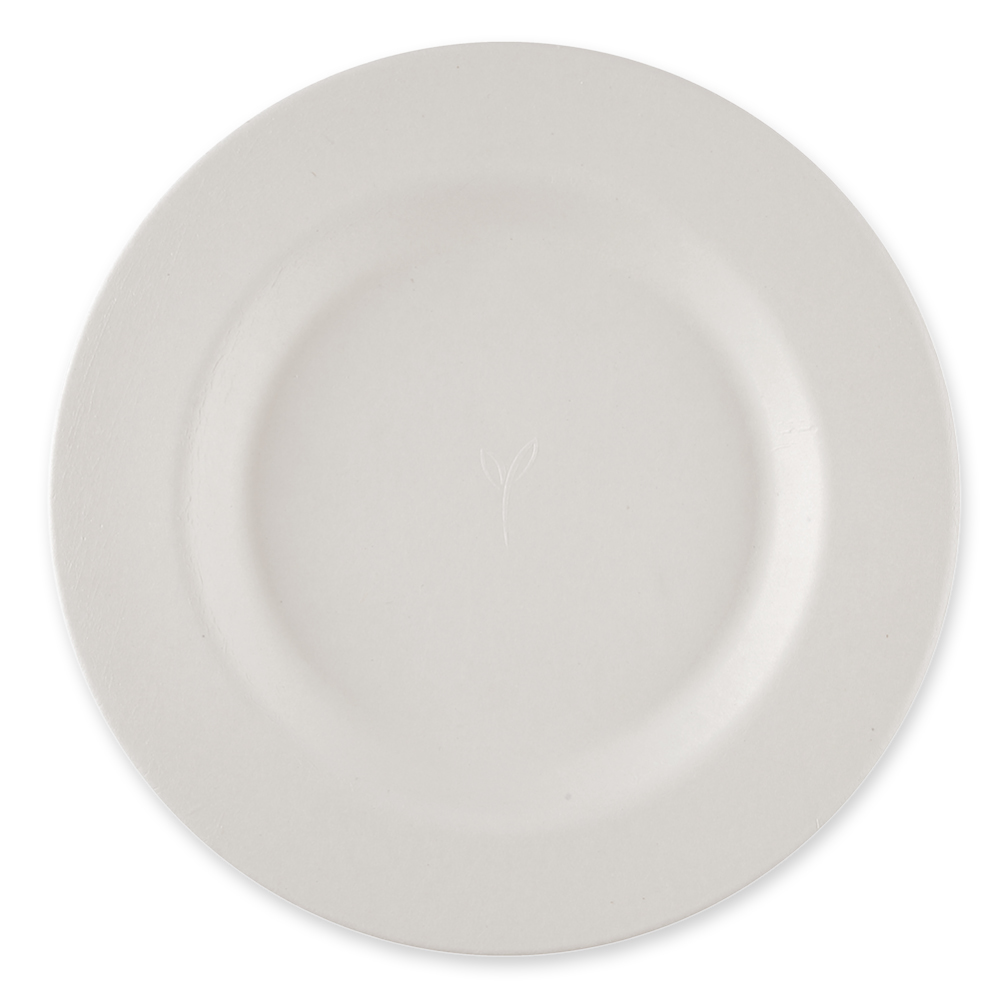 Biodegradable plate "Gourmet" round, sugarcane in the front view