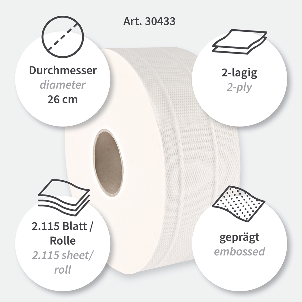 Toilettenpapier, Jumbo, 2-lagig aus Zellulose, Besonderheiten