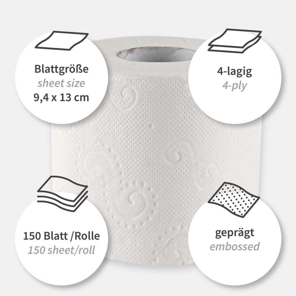 Toilet paper, small roll, 4-ply made of cellulose, features
