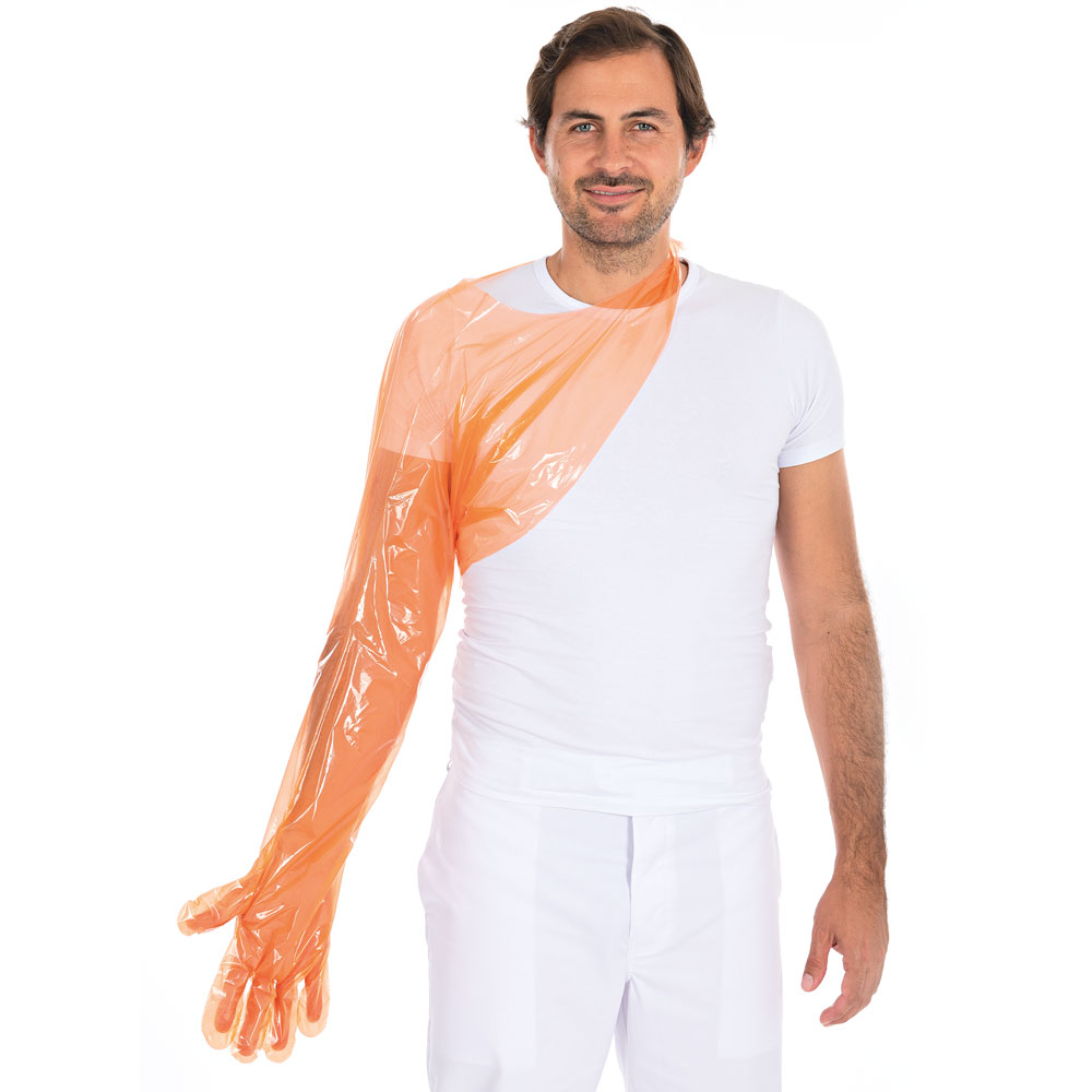LDPE gloves Softline Extra Long in orange with an overhead loop