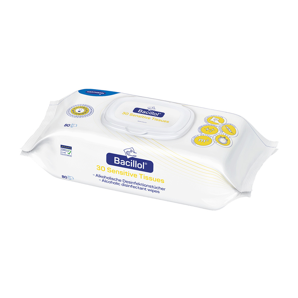 Hartmann Bacillol® 30 Sensitive Tissues, alcoholic disinfectant wipes, angled view