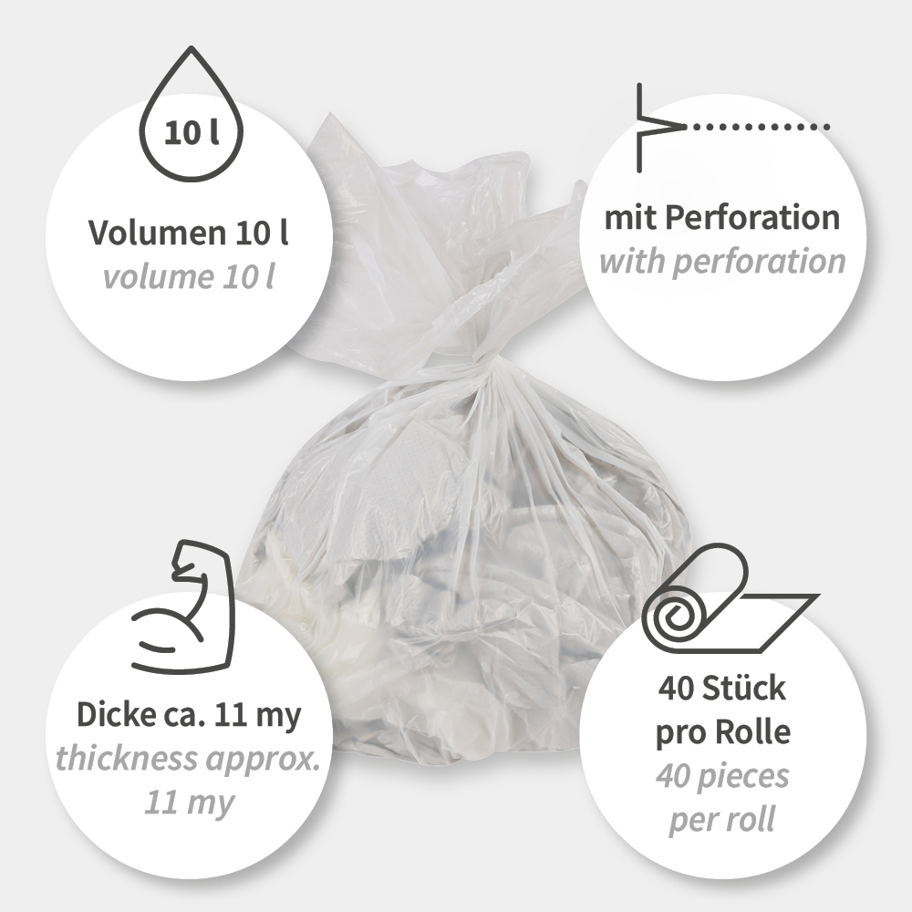 Müllbeutel für Kosmetikeimer, 10 l | HDPE, Rolle, Maße Müllbeutel für Kosmetikeimer, 10 l aus HDPE auf Rolle, Maße