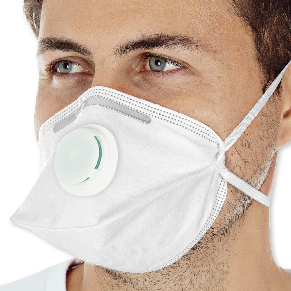 Atemschutzmasken FFP3 NR mit Ventil, horizontal faltbar aus PP in der schrägen Ansicht