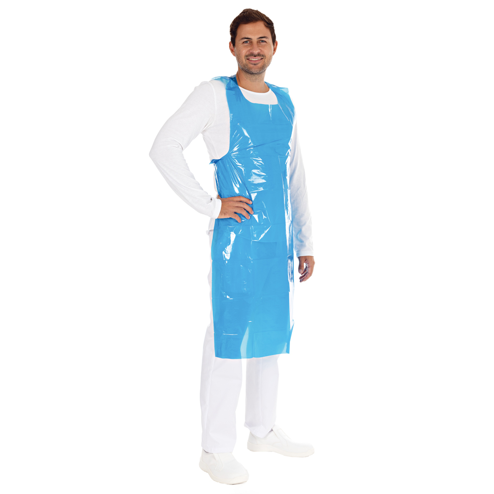 Disposable aprons on roll, 35my made of LDPE in the front view in blue