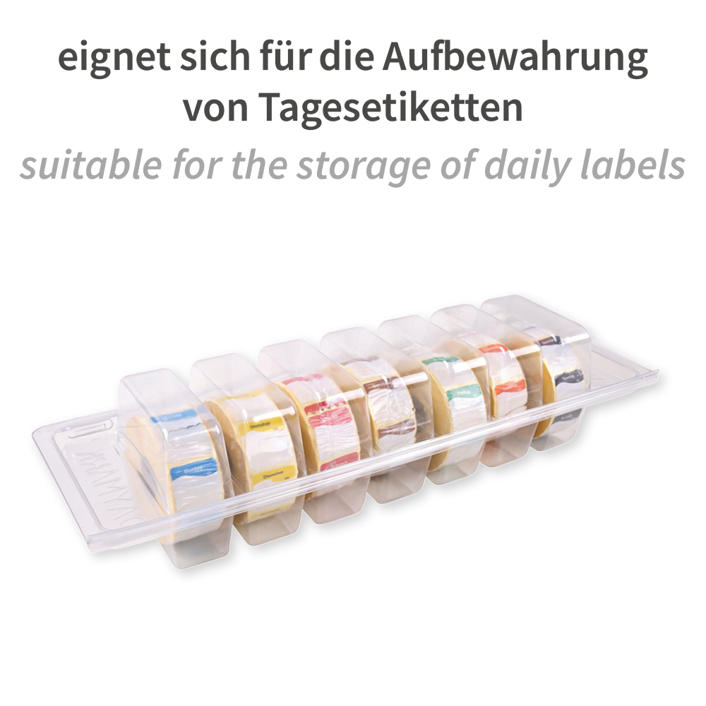 Spender für Tagesetiketten, 25 x 25 mm | PET, Einsatzbeispiel Spender für Tagesetiketten, 25 x 25 mm aus PET im Einsatzbeispiel