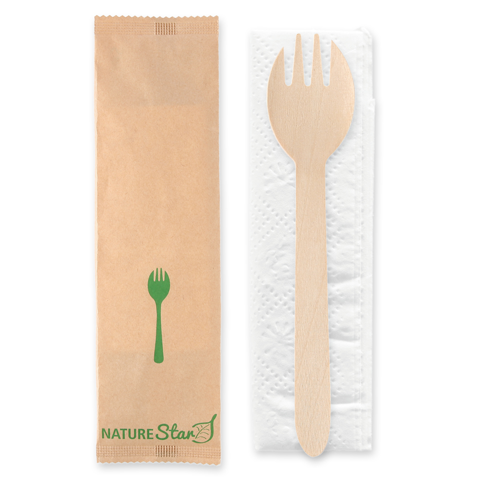 Bio Bestecksets Spork aus Holz, FSC® 100% mit Göffel und Serviette