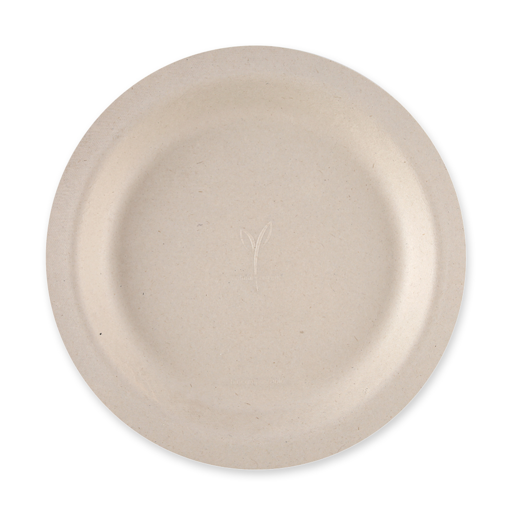 Organic plate round "Natural Bagasse" from sugar cane in front view 