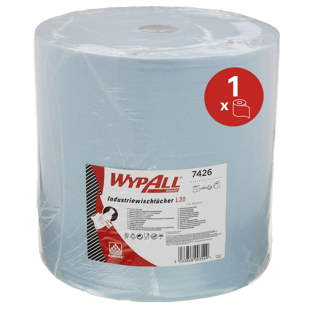 WypAll® L30 Papierwischtücher, 3-lagig, extra breit, Rolle, Vorderseite WypAll® L30 Papierwischtücher, 3-lagig, extra breit auf der Rolle von der Vorderseite