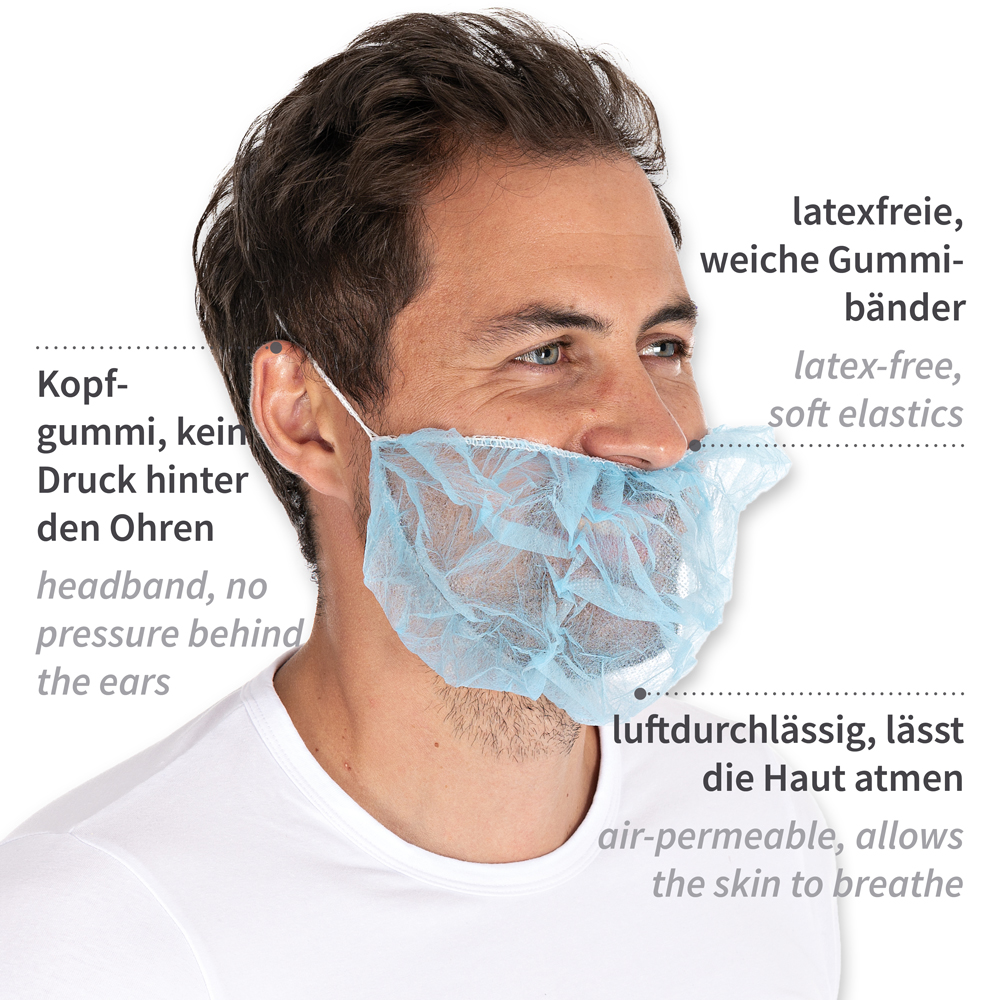 Beard protector PP in side view with description in blue