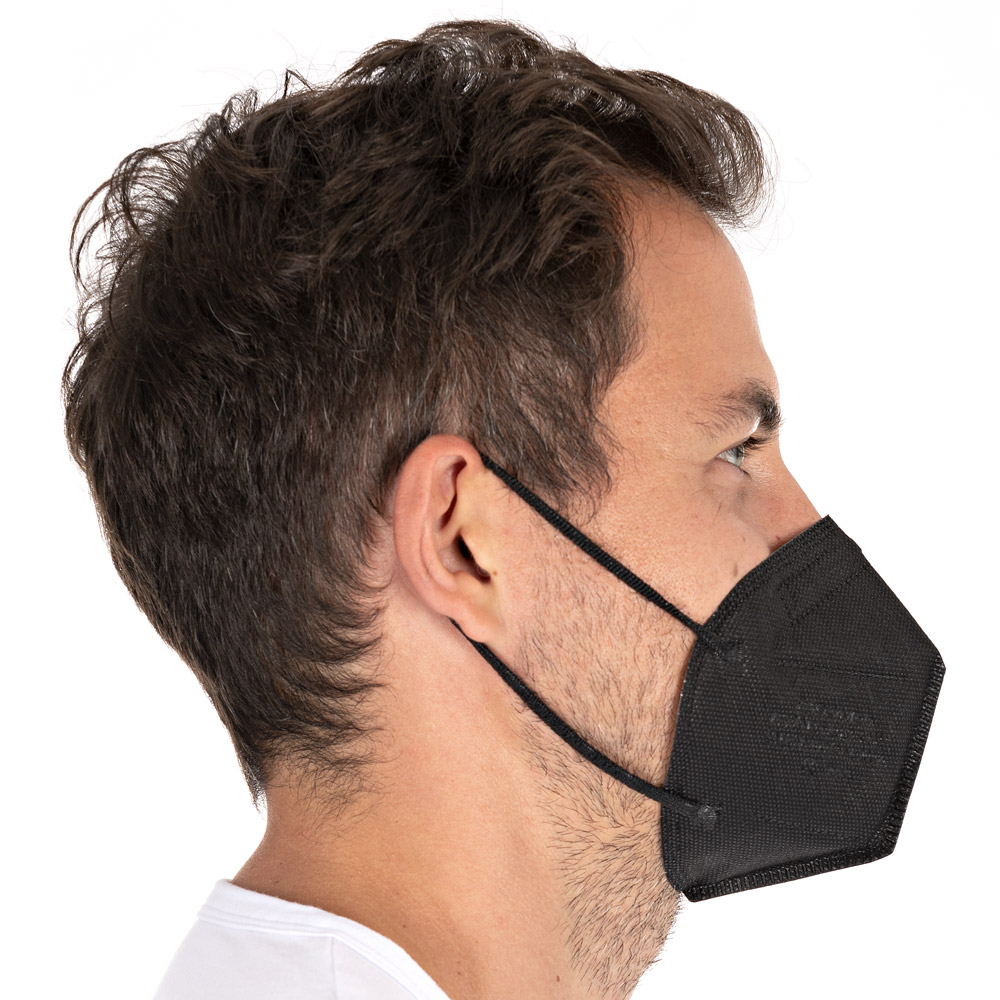 Atemschutzmasken FFP2 NR, vertikal faltbar, Ohrschlaufen aus PP als Kleinpackung in schwarz in der Seitansicht