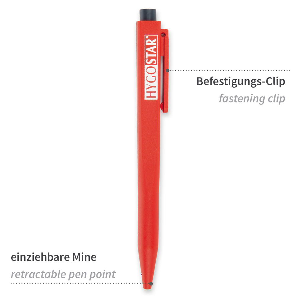pen clip, retractable plastic, detectable in front view with description, red