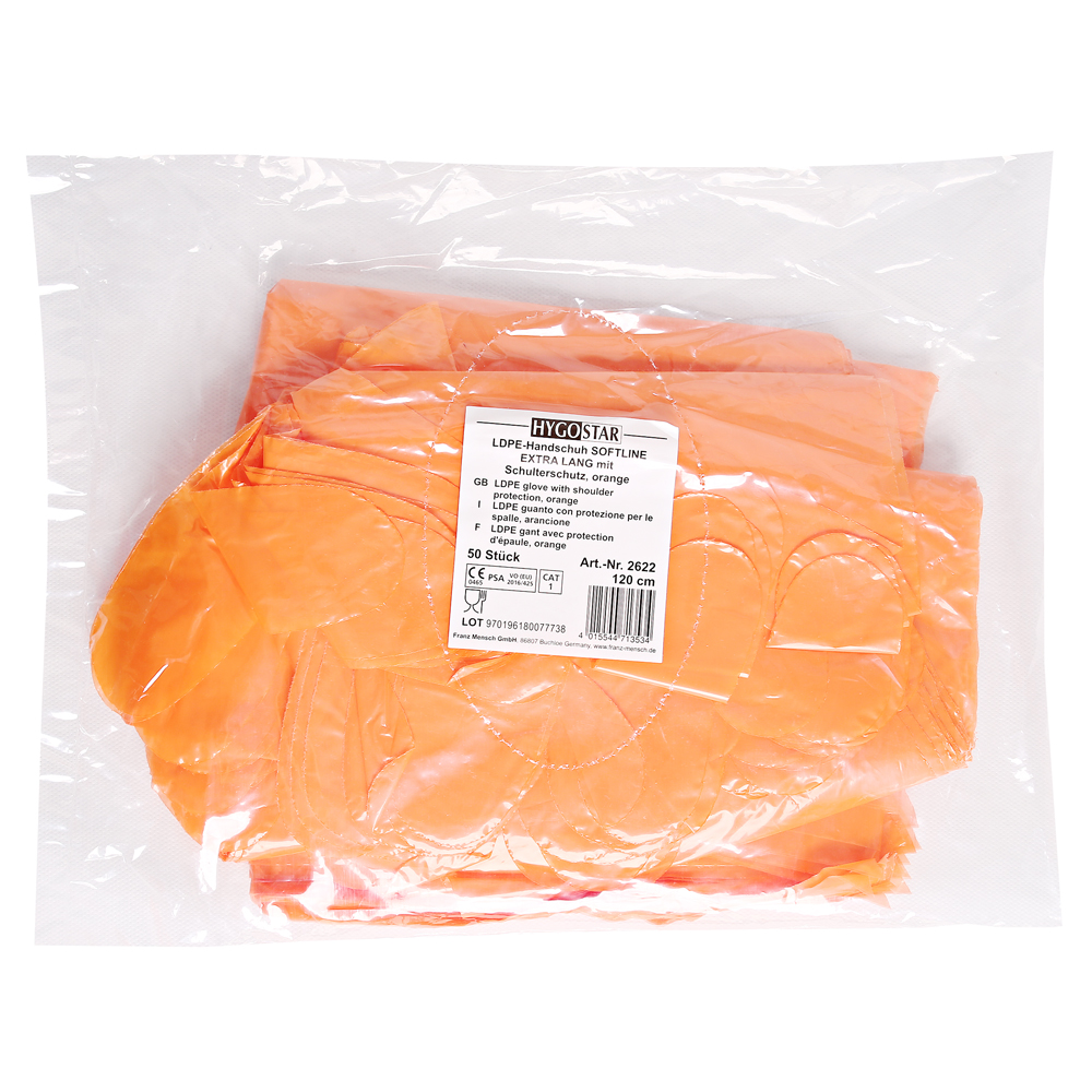 LDPE-Handschuhe Softline Extra Long in orange in der Verpackung