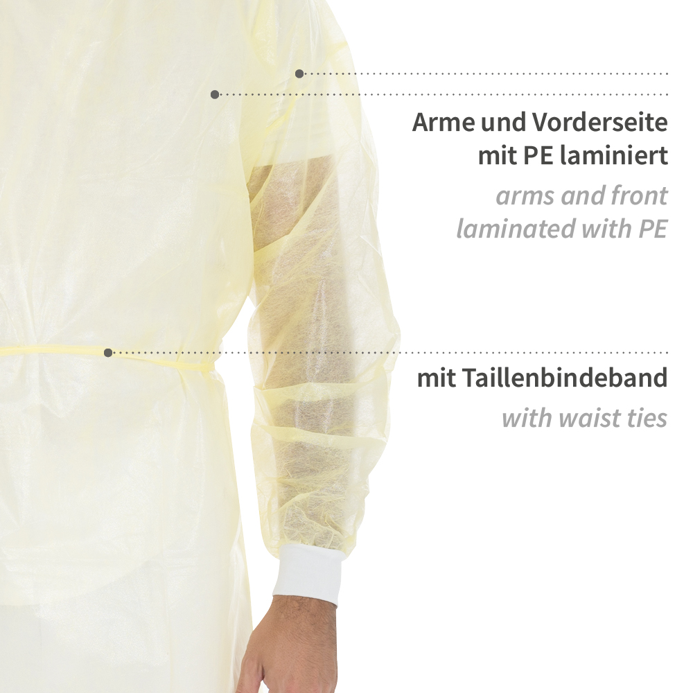 Kittel Eco mit Nackenbindeband aus PP, PE teil-laminiert in gelb mit Taillenbindeband 