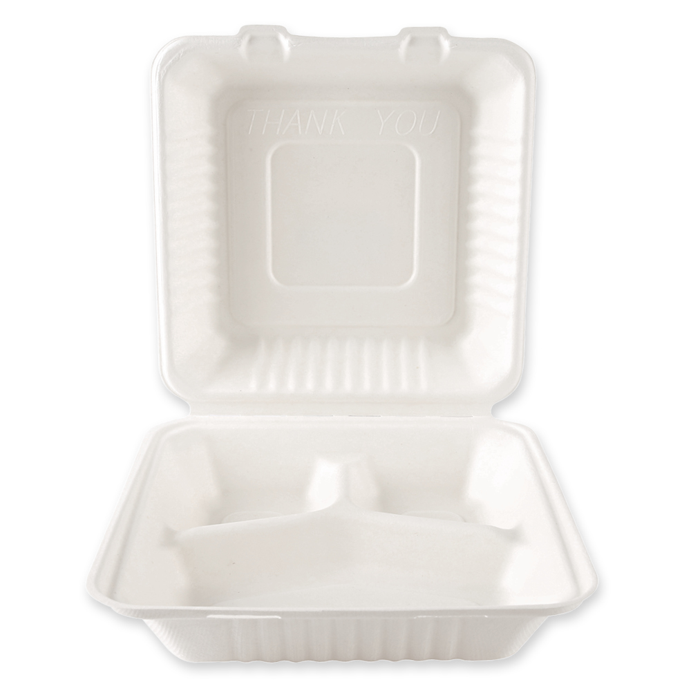 Organic menu boxes with hinged lid, 3-compartments, made from bagasse in front view