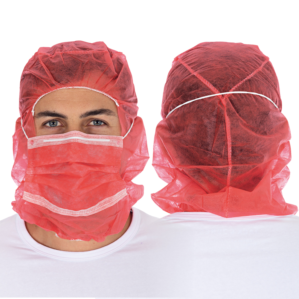 Astrohauben mit 2-lagigem Mundschutz aus PP in rot in der Front- und Rückansicht