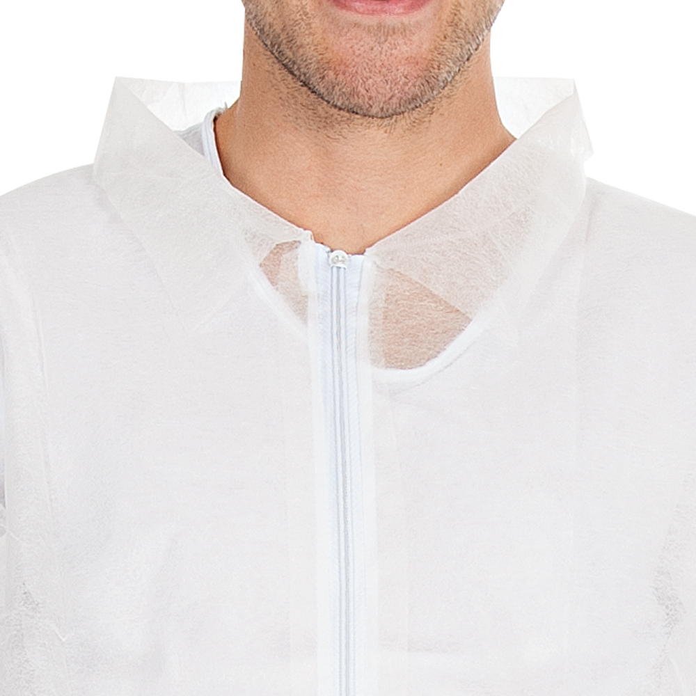 Besucherkittel Eco mit Reißverschluss aus PP in weiß mit Hemdkragen