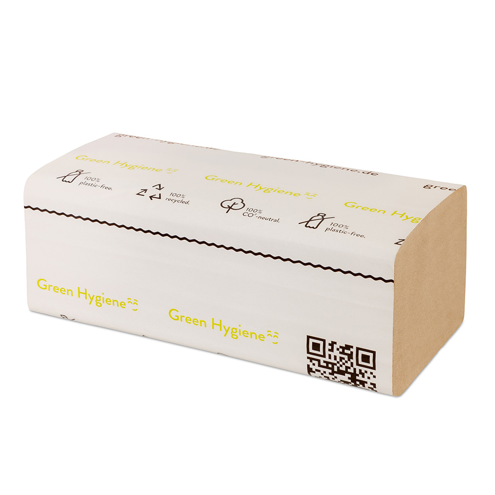 Green Hygiene® paper hand towels FALK, 1-ply made of recycled paper in V/ZZ-fold in oblique view