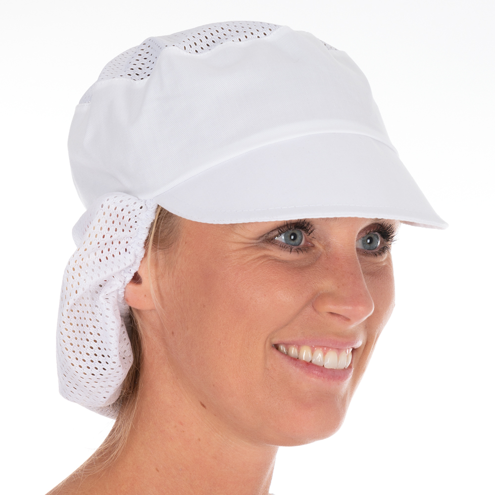 Peaked snood caps made of Polycotton in white in the oblique view