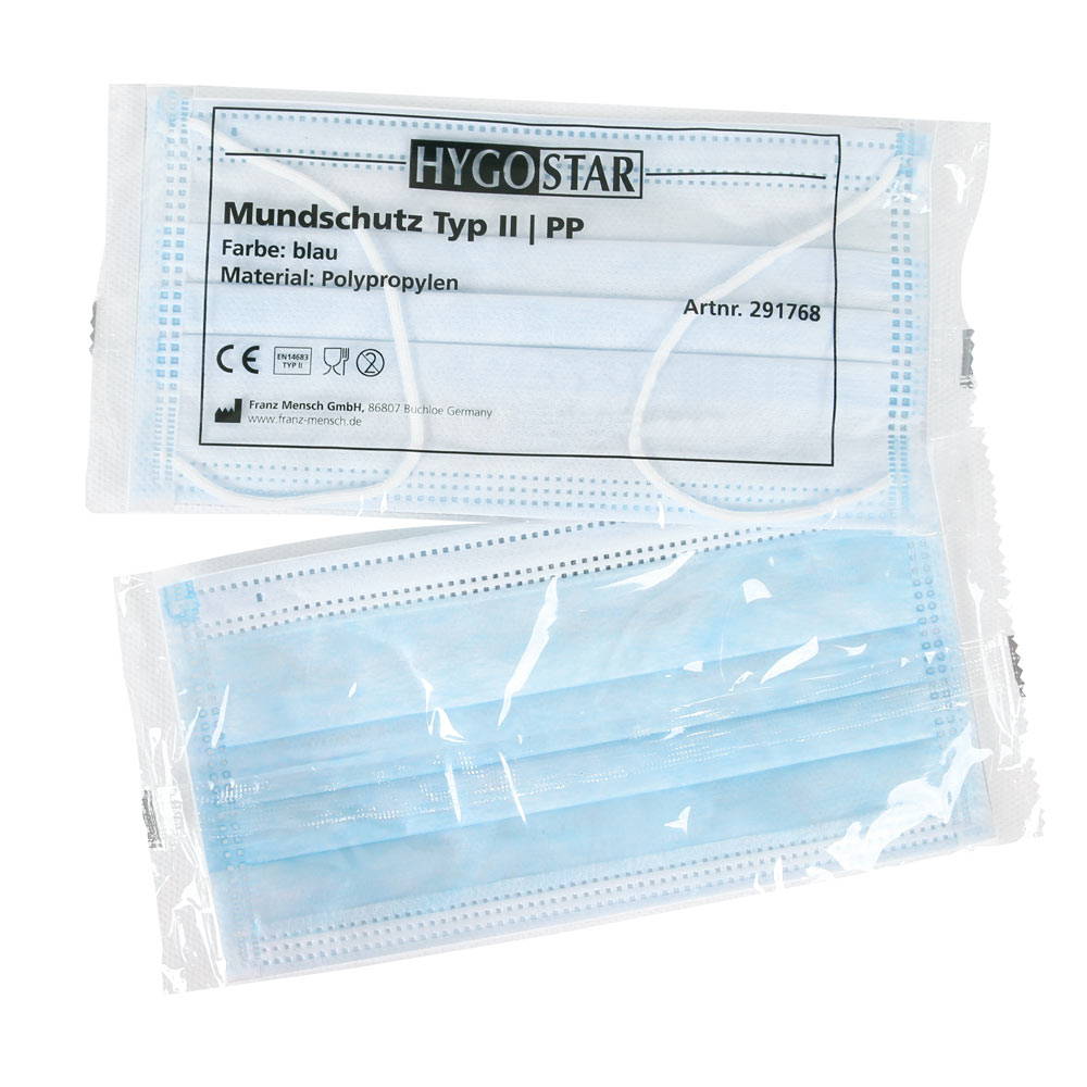 Mundschutz Typ II, 3-lagig aus PP einzeln verpackt in blau in der Einzelverpackung
