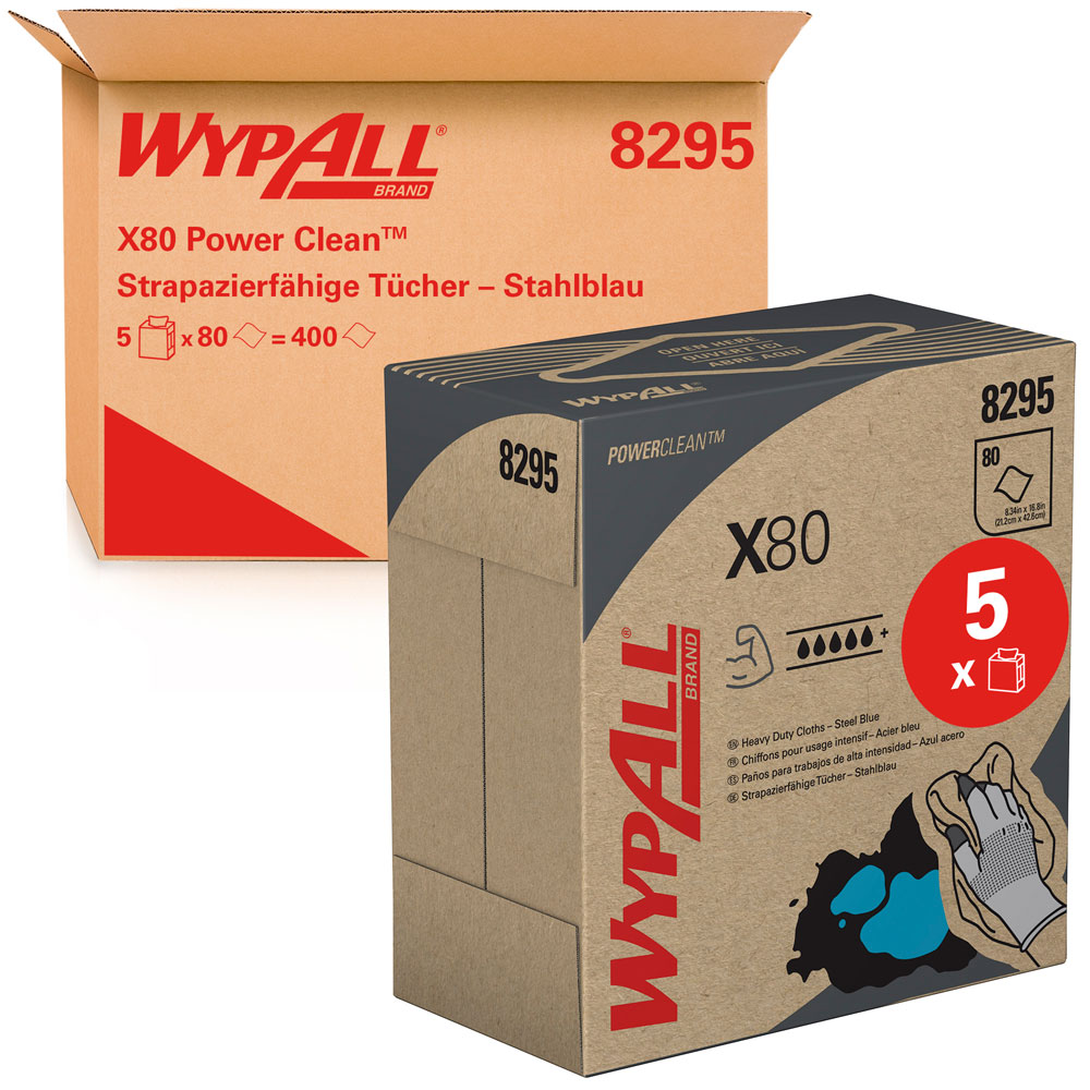 WypAll® X80 Power Clean™ heavy duty cloths, 1-ply in the pop-up box with the packing