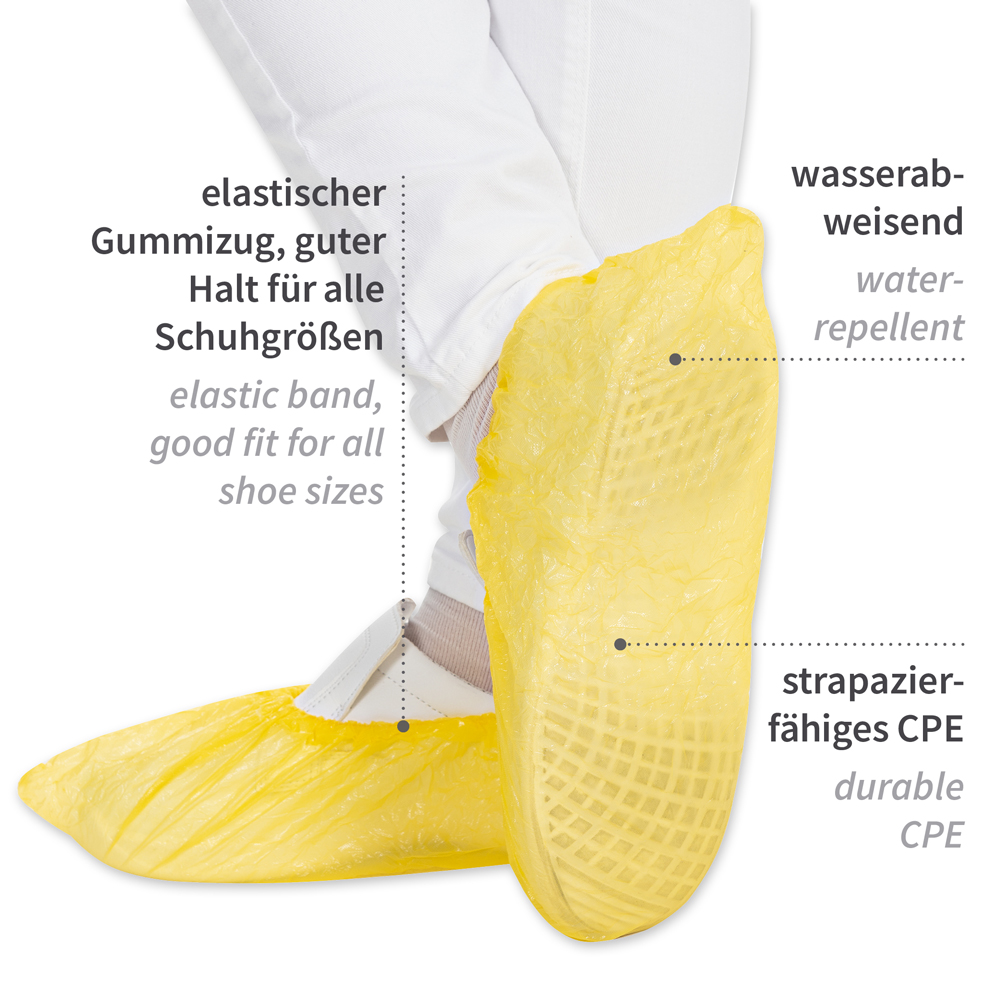 Overshoes from CPE in the front view with description in yellow