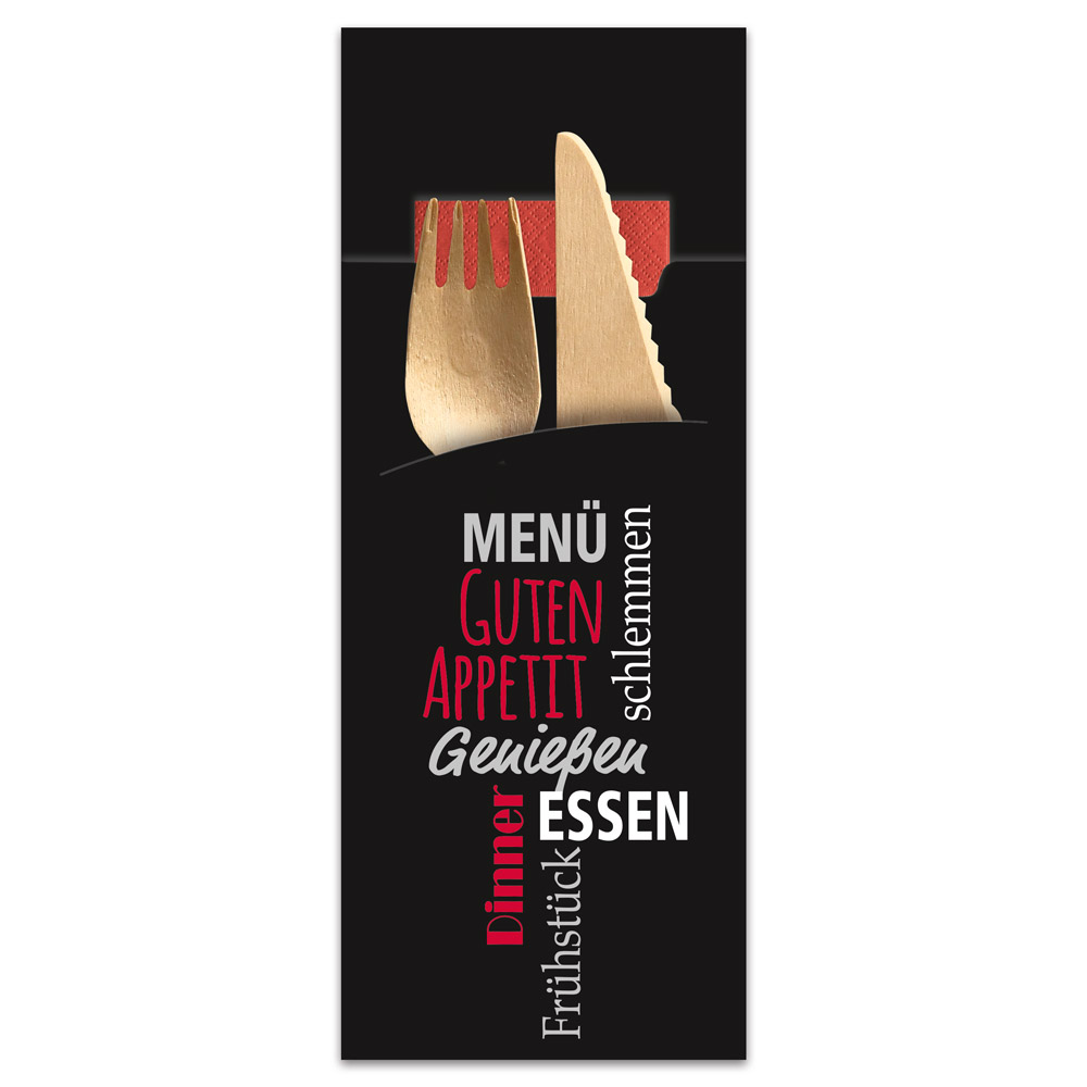 Cuterly Pouches "Design" made of Paper, FSC®-certified in black with cutlery and napkin in red