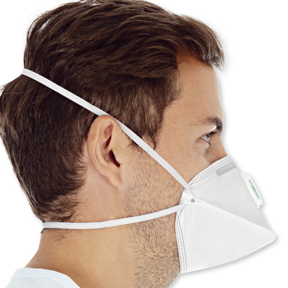 Respirators FFP3 NR with valve, horizontally foldable made of PP in the side view