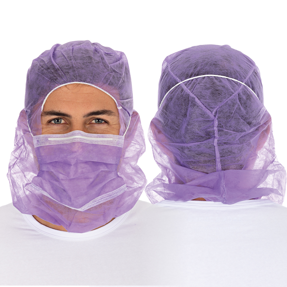 Astrohauben mit 2-lagigem Mundschutz aus PP in lila in der Front- und Rückansicht